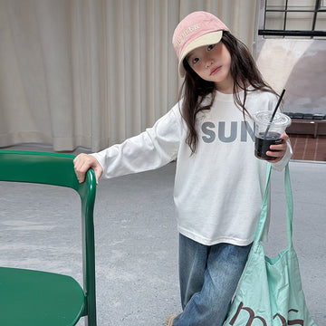 キッズ ジュニア 英字ロゴ プリント クルーネック 長袖Tシャツ【mh0014421】