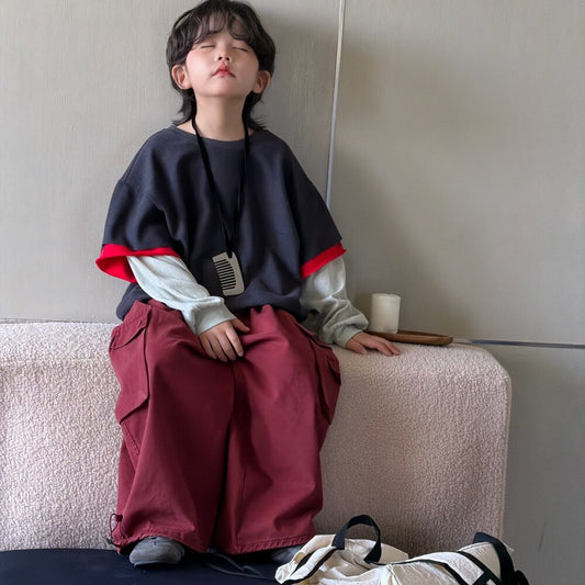 キッズ用 配色レイヤード風スウェットトレーナー＆ワイドカーゴパンツ（ネイビー×ボルドー）