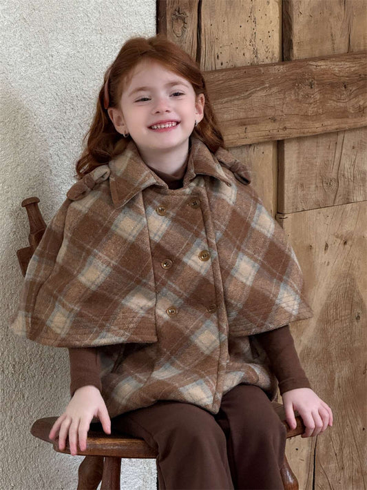 Checkered Cape, Cloak-Style Coat, Wool-Like Outerwear, Thick Winter Wear [mh0011445]