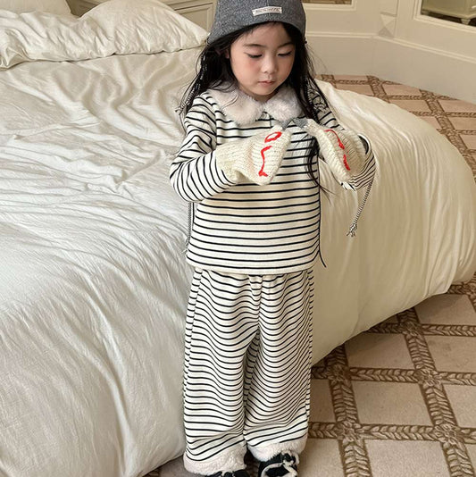 長袖ボアトップス+ロングパンツ 裏起毛ボーダー セットアップ 2点セット【mh0011458】