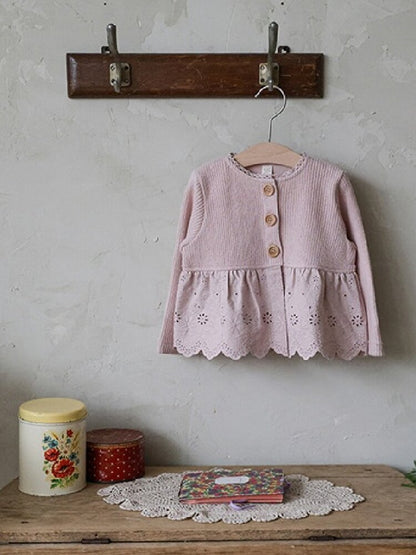 キッズ ジュニア ペプラム 花柄刺繍 レース切替 ニット カーディガン【mh0014799】