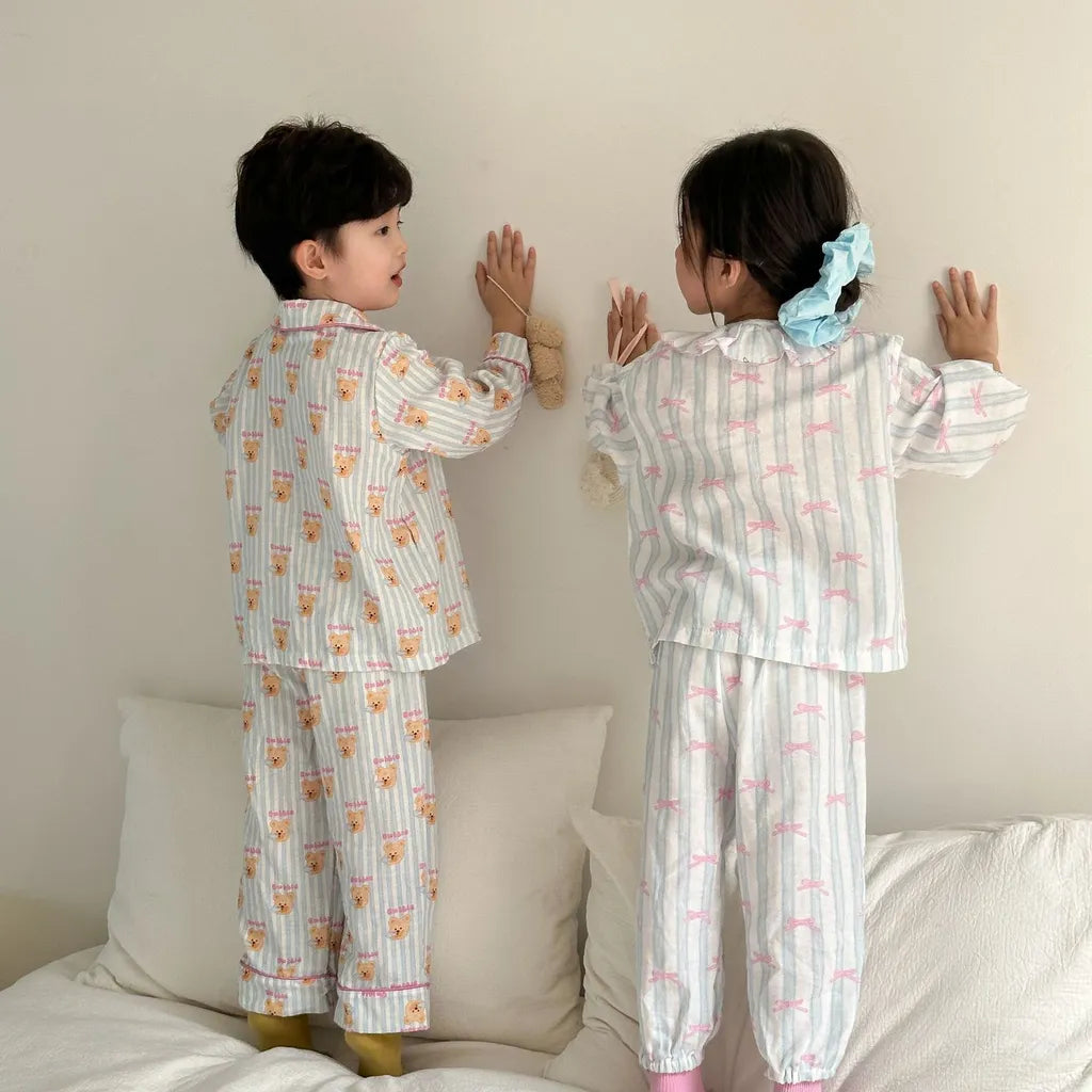 -ストライプくま/リボンプリント長袖パジャマセットアップ 2点セット【mh0011232】 - mamahalo shop - 長袖パジャマ -  べビー服 - 子供服 - 男の子 - 女の子