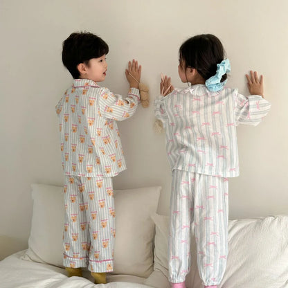 -ストライプくま/リボンプリント長袖パジャマセットアップ 2点セット【mh0011232】 - mamahalo shop - 長袖パジャマ -  べビー服 - 子供服 - 男の子 - 女の子