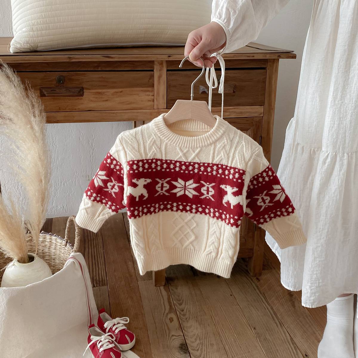 -長袖セーター ニット プルオーバー ノルディック柄 雪の結晶 トナカイ柄 あったか【mh0011378】 - mamahalo shop - ニット・セーター -  べビー服 - 子供服 - 男の子 - 女の子