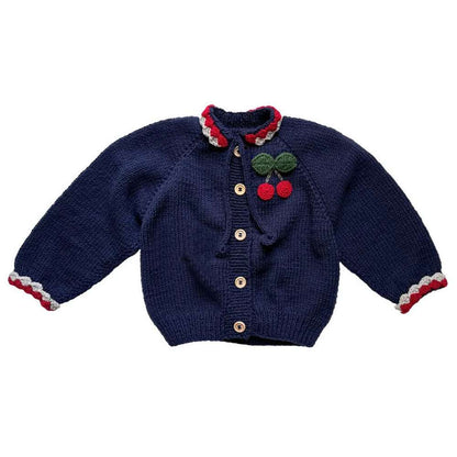 Long-sleeved cardigan with cherry crochet pattern and knit buttons, lightweight wool [mh0011554]