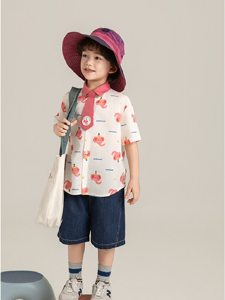 Elephant Whale Shirt ネクタイ付 アニマル 半袖シャツ【mh0012735】