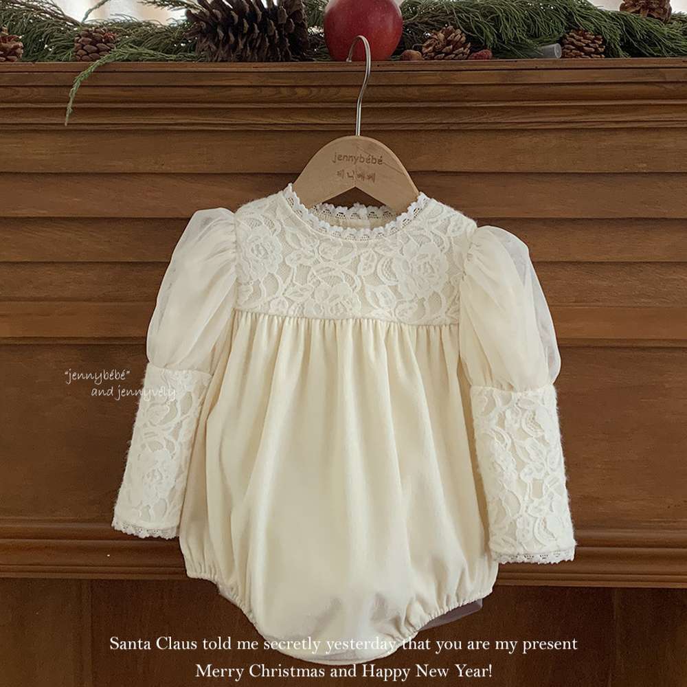 長袖ロンパース レースヨーク パフスリーブ パフボトム ボディスーツ【mh0011545】