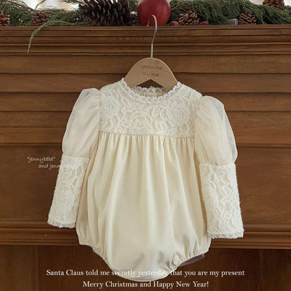 長袖ロンパース レースヨーク パフスリーブ パフボトム ボディスーツ【mh0011545】