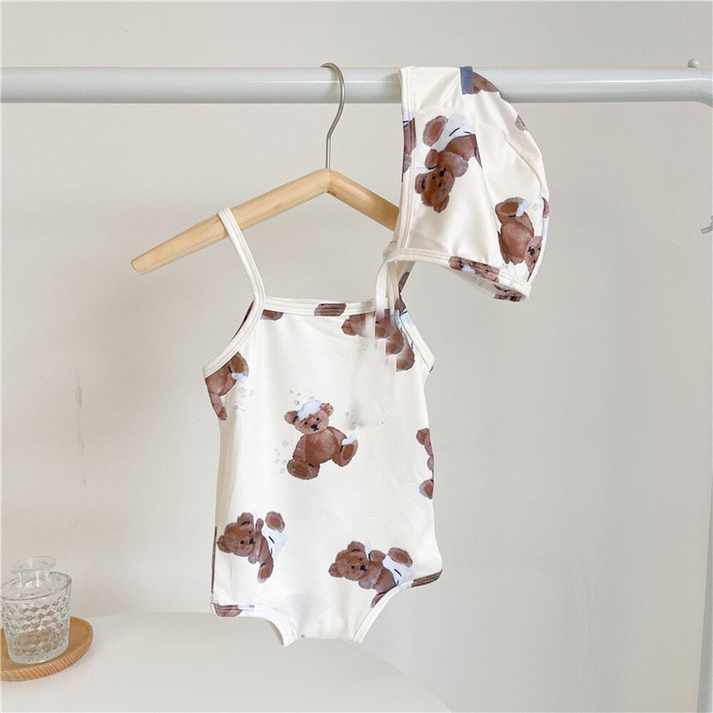 Baby Bear Print Camisole Dress and Hat Swimwear Set [mh0000847]