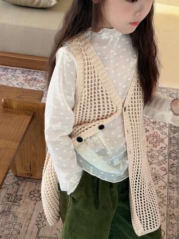 キッズ ジュニア レース刺繍 モックネック メロウフリル 長袖 トップス【mh0014458】