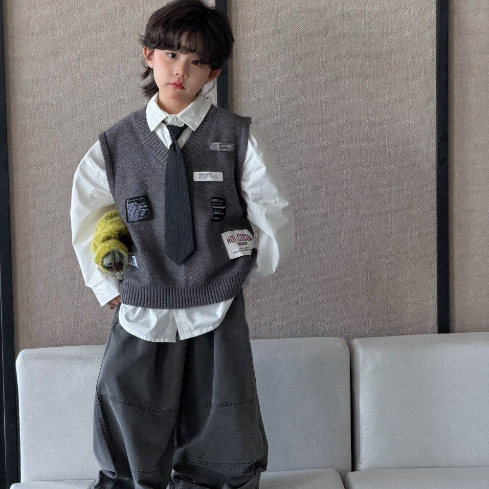 Camisa de manga larga con corbata, chaleco de punto con parche y pantalón ancho para niños y jóvenes 【mh0014435】