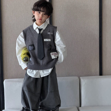 Camisa de manga larga con corbata, chaleco de punto con parche y pantalón ancho para niños y jóvenes 【mh0014435】