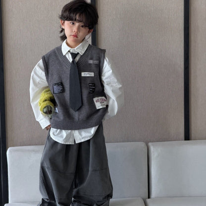 Camisa de manga larga con corbata, chaleco de punto con parche y pantalón ancho para niños y jóvenes 【mh0014435】