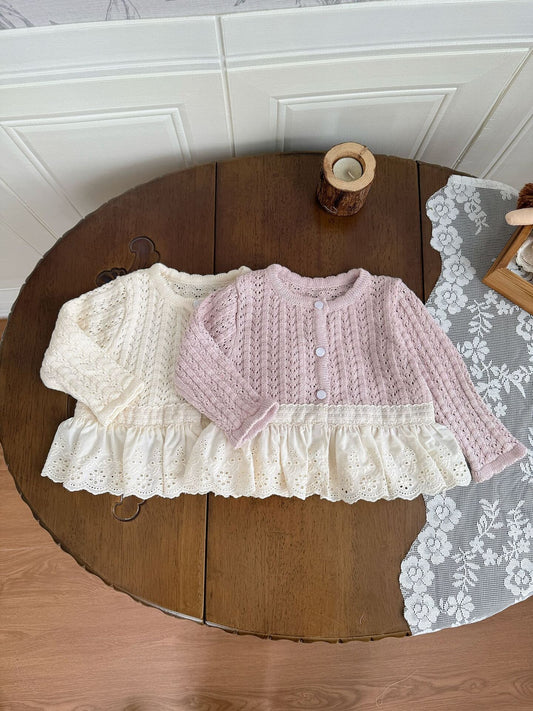 Lace Trimmed Cutout Knitted Cardigan レース切替 透かし編み ニット カーディガン【mh0012156】