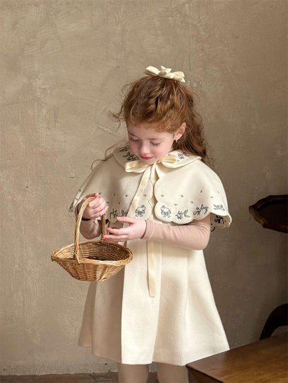 Ribbon embroidered cape + box pleated dress set (2-piece set) [mh0011452]