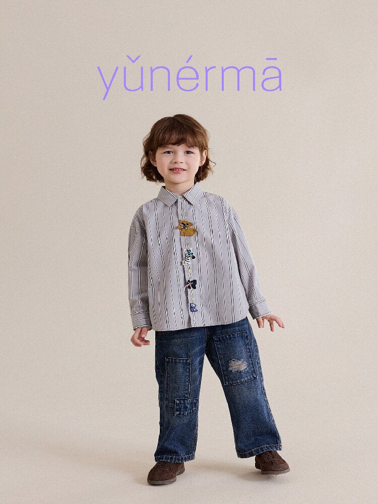 Camisa de manga larga con estampado de rayas y parches de animales para niños y jóvenes [mh0014244]