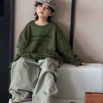 キッズ ジュニア 英字プリント フェイクレイヤード 長袖Tシャツ ワイド デニムパンツ【mh0014437】