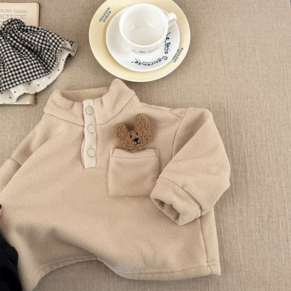 -フリースプルオーバー ハイネック スナップボタン もこもこワッペン【mh0011428】 - mamahalo shop - トレーナー・フーディ -  べビー服 - 子供服 - 男の子 - 女の子