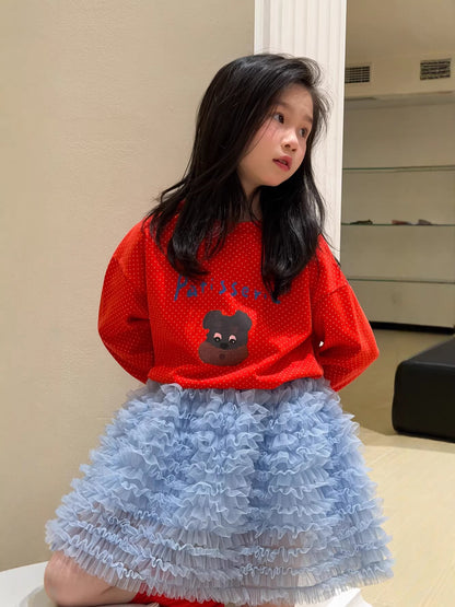 Polka Dot Cartoon Letter T-Shirt ドット柄キャラクター長袖Tシャツ【mh0012106】