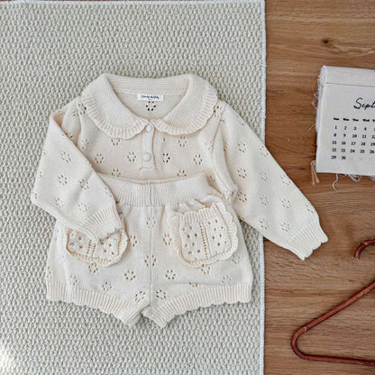 長袖ニットトップス+ショートパンツ 透かし編み レース襟付き セットアップ 2点セット【mh0011511】