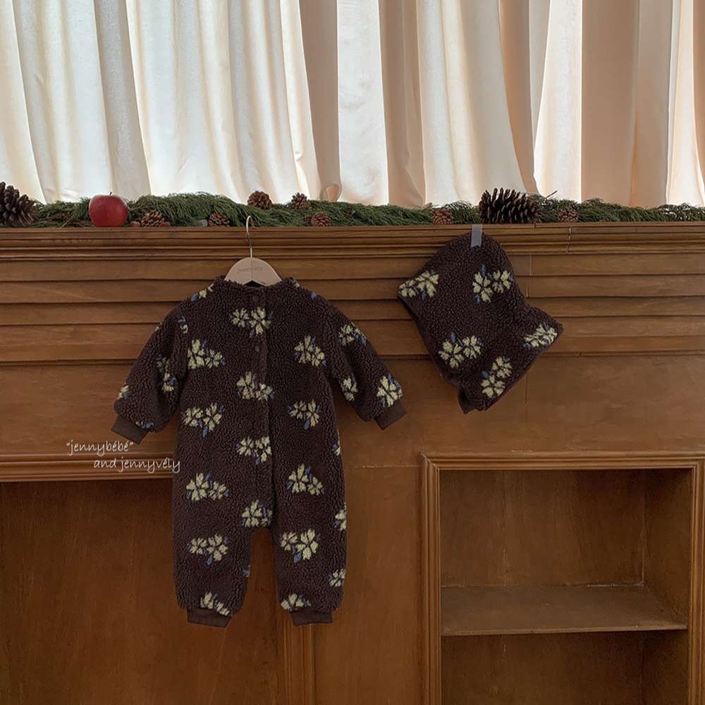 長袖ジャンプスーツ もこもこボア 花柄 カバーオール 帽子セット 暖かい 防寒【mh0011540】