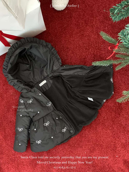 長袖アウター 中綿ダウンジャケット リボン柄 フード付き ペプラム ブルゾン【mh0011539】