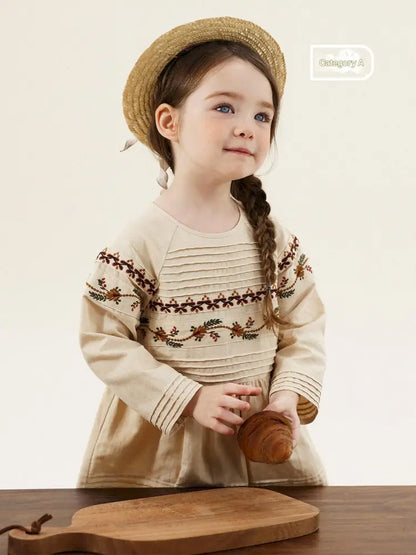 -長袖ワンピース 麻混素材 刺繍 ボヘミアン ギャザー フレア 森ガール【mh0011303】 - mamahalo shop - 長袖ワンピース -  べビー服 - 子供服 - 男の子 - 女の子