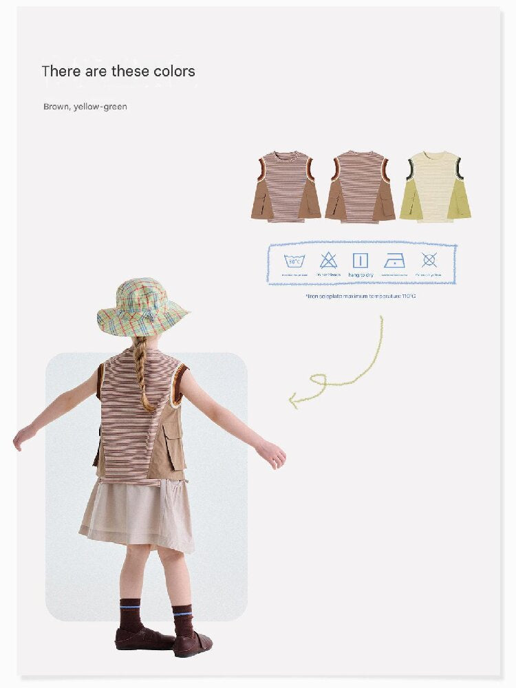 Striped Cargo Vest Cotton T-shirt Camiseta sin mangas de rayas【mh0013203】