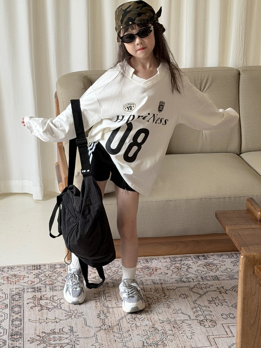 キッズ ジュニア 数字 英字 プリント ルーズ ビッグシルエット 長袖 Tシャツ【mh0014473】