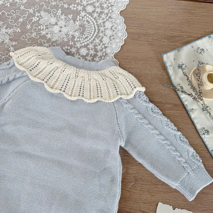 -フラワー襟付きケーブルニットロンパース【mh0011142】 - mamahalo shop - 長袖ロンパース -  べビー服 - 子供服 - 男の子 - 女の子