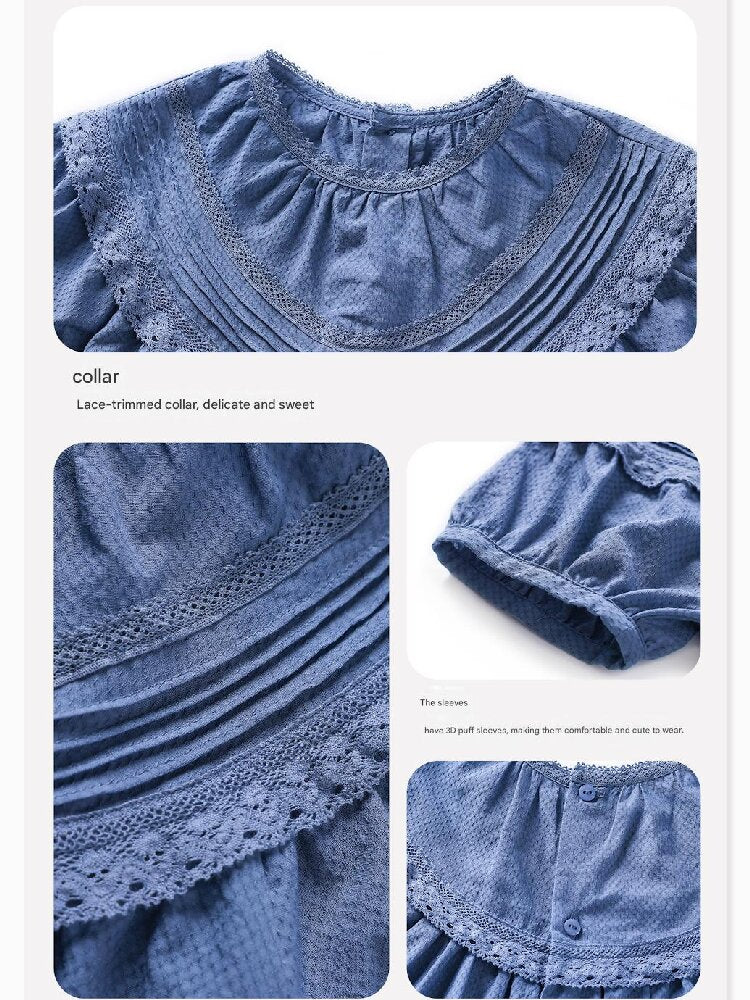 French Lace Puff Sleeve Cotton Shirt レース 半袖ブラウス【mh0013200】