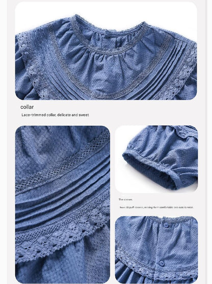French Lace Puff Sleeve Cotton Shirt レース 半袖ブラウス【mh0013200】