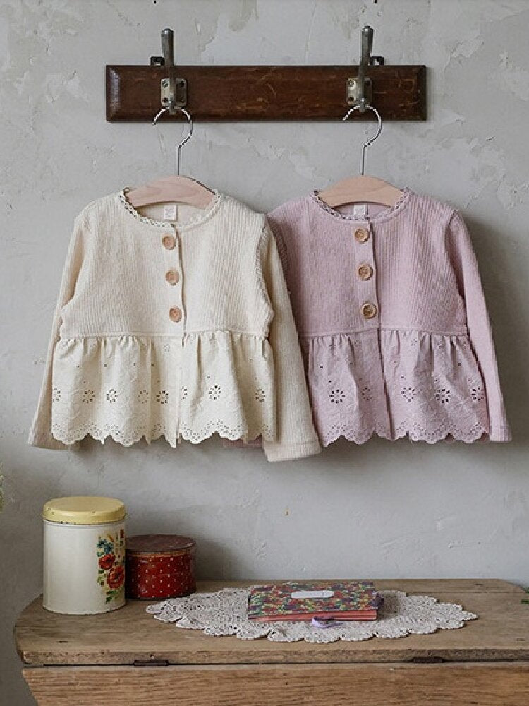 キッズ ジュニア ペプラム 花柄刺繍 レース切替 ニット カーディガン【mh0014799】