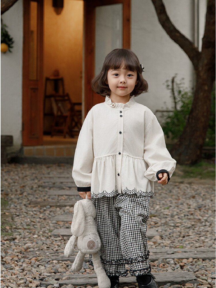 Embroidered Blouse Gingham Pants 裾刺繍 ブラウス ギンガム パンツ セットアップ【mh0012727】