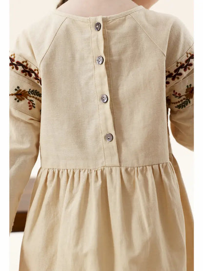 -長袖ワンピース 麻混素材 刺繍 ボヘミアン ギャザー フレア 森ガール【mh0011303】 - mamahalo shop - 長袖ワンピース -  べビー服 - 子供服 - 男の子 - 女の子