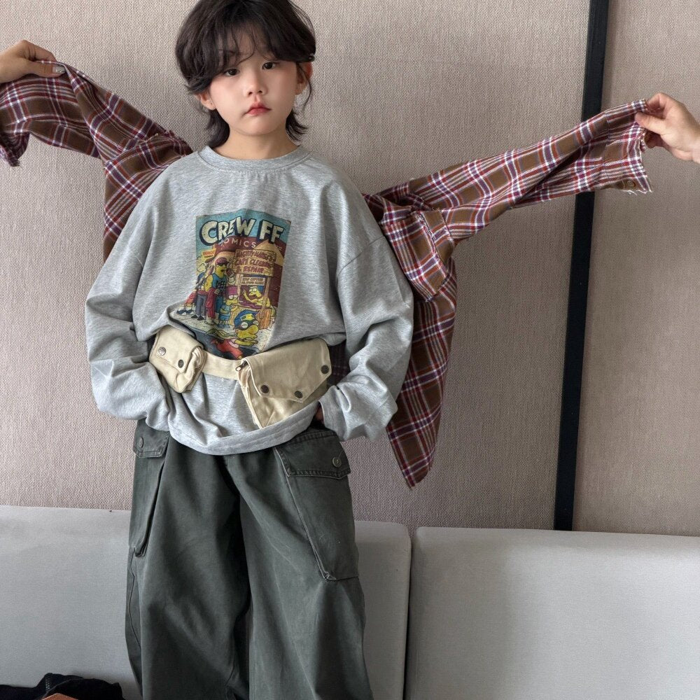 Camisa de manga larga con corte irregular, estampado a cuadros, camiseta de manga larga con letras estampadas y pantalón cargo para niños y jóvenes 【mh0014438】