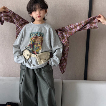 Camisa de manga larga con corte irregular, estampado a cuadros, camiseta de manga larga con letras estampadas y pantalón cargo para niños y jóvenes 【mh0014438】