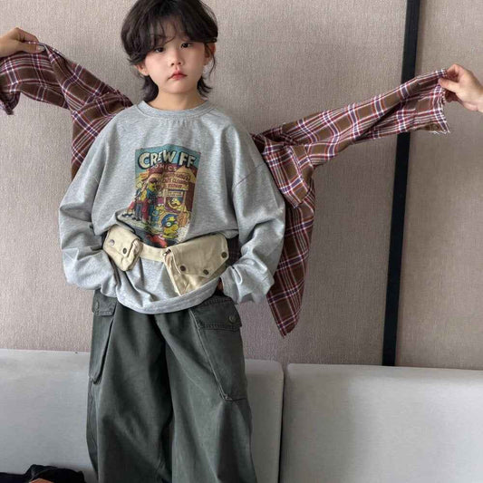 キッズ ジュニア チェック柄 カットオフ 長袖シャツ 英字プリント 長袖Tシャツ カーゴパンツ【mh0014438】