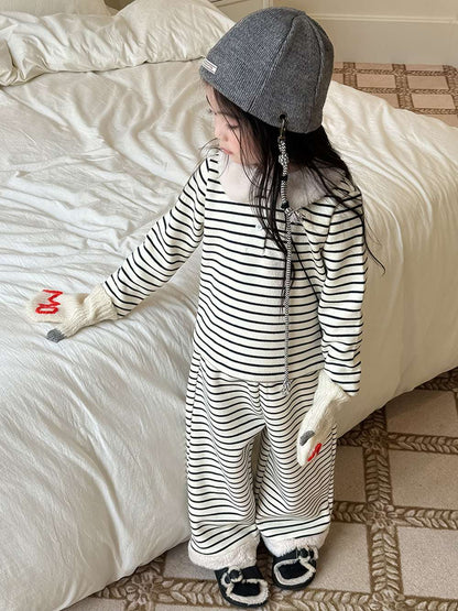 長袖ボアトップス+ロングパンツ 裏起毛ボーダー セットアップ 2点セット【mh0011458】
