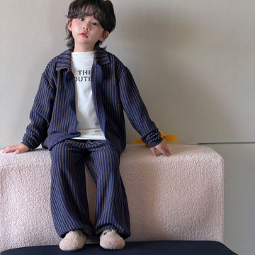 Conjunto de camisa de manga larga holgada con cuello y estampado de rayas y pantalón largo cómodo para niños y juniors【mh0014442】