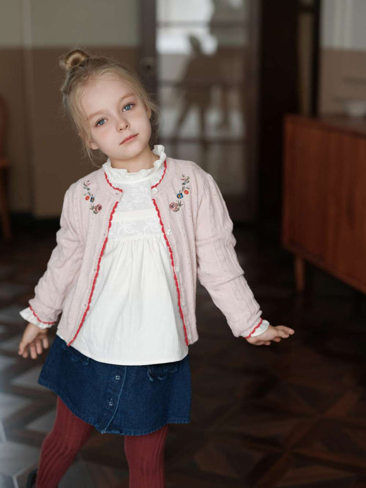 長袖カーディガン 刺繍 ピコレース パフスリーブ ニット【mh0011551】