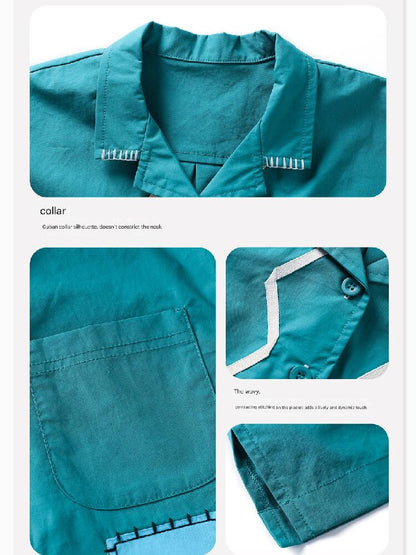 Retro Color-Blocking Short-Sleeved Cotton Shirt レトロ 半袖シャツ【mh0013207】
