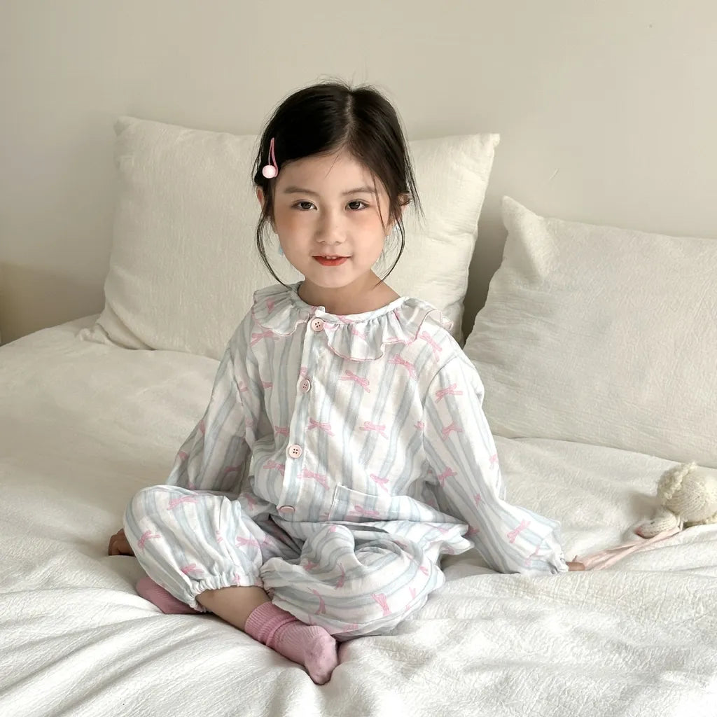 -ストライプくま/リボンプリント長袖パジャマセットアップ 2点セット【mh0011232】 - mamahalo shop - 長袖パジャマ -  べビー服 - 子供服 - 男の子 - 女の子