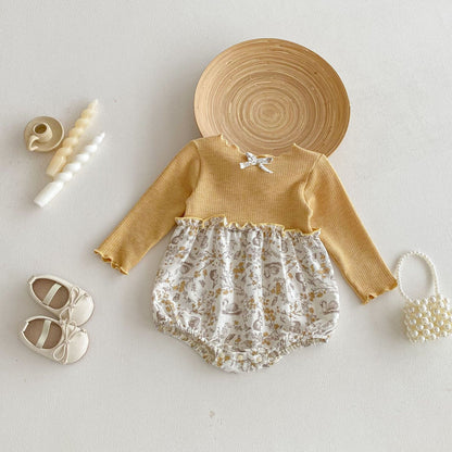 Ribbed Floral Animal Jumpsuit 花柄 リブ 切り替え ロンパース【mh0012100】