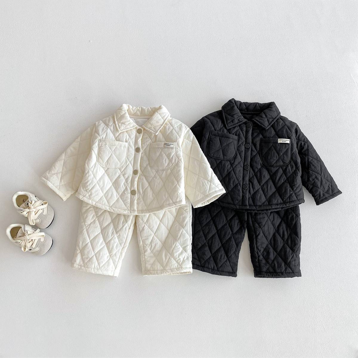 -長袖キルティングジャケット+パンツ セットアップ 2点セット 防寒 中綿ダイヤ柄【mh0011387】 - mamahalo shop - 長袖セットアップ -  べビー服 - 子供服 - 男の子 - 女の子