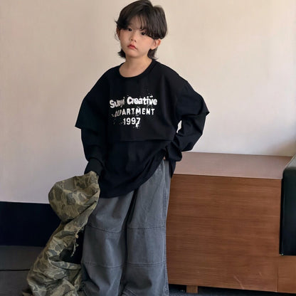 キッズ ジュニア 英字プリント フェイクレイヤード 長袖Tシャツ ワイド デニムパンツ【mh0014437】