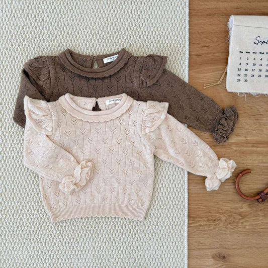 長袖ニット フリル襟 フリル袖 透かし編み ベビーセーター【mh0011507】