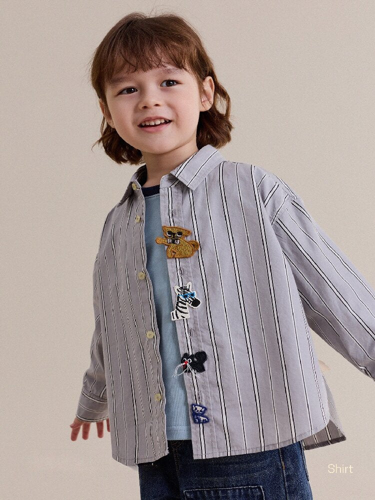 Camisa de manga larga con estampado de rayas y parches de animales para niños y jóvenes [mh0014244]