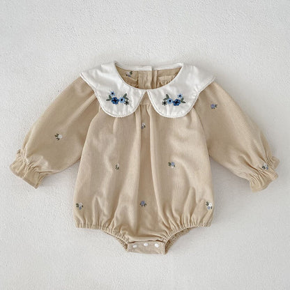 ベビー用コーデュロイ長袖ロンパース、ラウンドカラー、アイボリー地の花刺繍