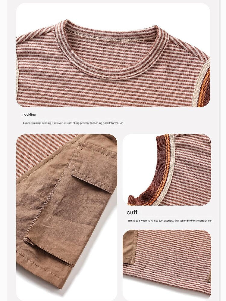 Striped Cargo Vest Cotton T-shirt Camiseta sin mangas de rayas【mh0013203】
